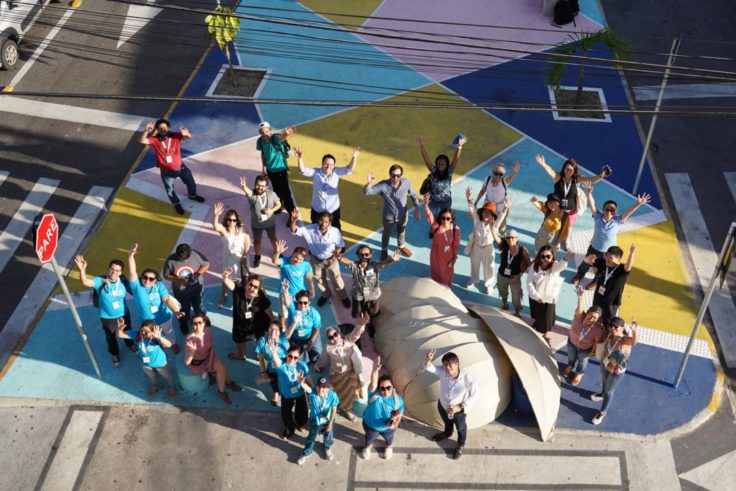 Group in pedestrian intervention in front of Teresa y Jorge